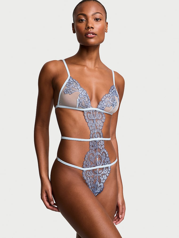 Victoria's Secret, Very Sexy Boho Floral Embroidery Crotchless Teddy, Faded Denim, onModelFront, 1 of 3 Ange-Marie is 5'10" or 178cm and wears 34B or Small