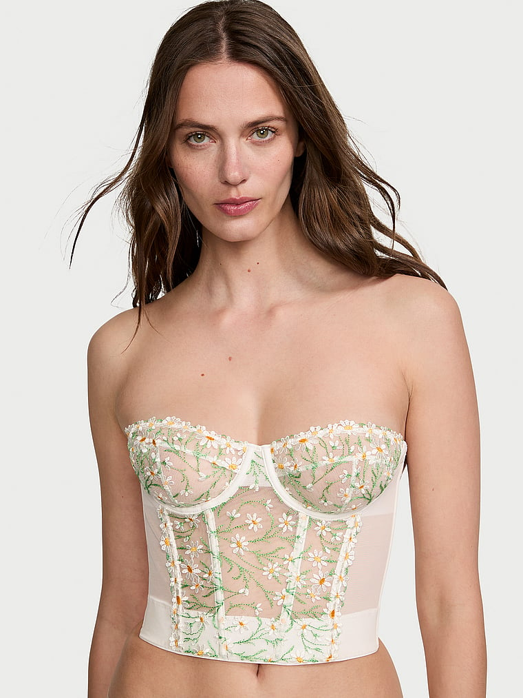 Victoria's Secret, Dream Angels Daisy Chain Embroidery Strapless Corset Top, White Daisies, onModelFront, 1 of 6 Joy  is 5'10" or 178cm and wears 34B or Small