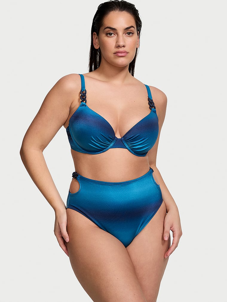 Victoria's Secret, Victoria's Secret Swim Chain-Link Icon Push-Up Bikini Top, Blue Ombre, onModelFront, 1 of 3 Lorena is 5'9" or 175cm and wears 34DD (E) or Large
