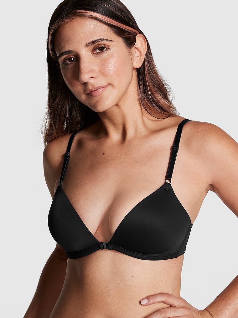 PINK Wear Everywhere Adaptive Wear Everywhere Wireless Front-Close Bra, Black, onModelFront, 1 of 5