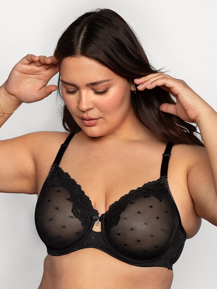 Victoria's Secret, Curvy Couture Sheer Whisper Unlined Underwire Bra, Black, onModelFront, 1 of 3