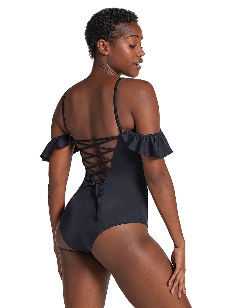 Victoria's Secret, Leonisa Shapewear Ruffle Corset Shaping One-Piece Swimsuit, Black, onModelFront, 1 of 3