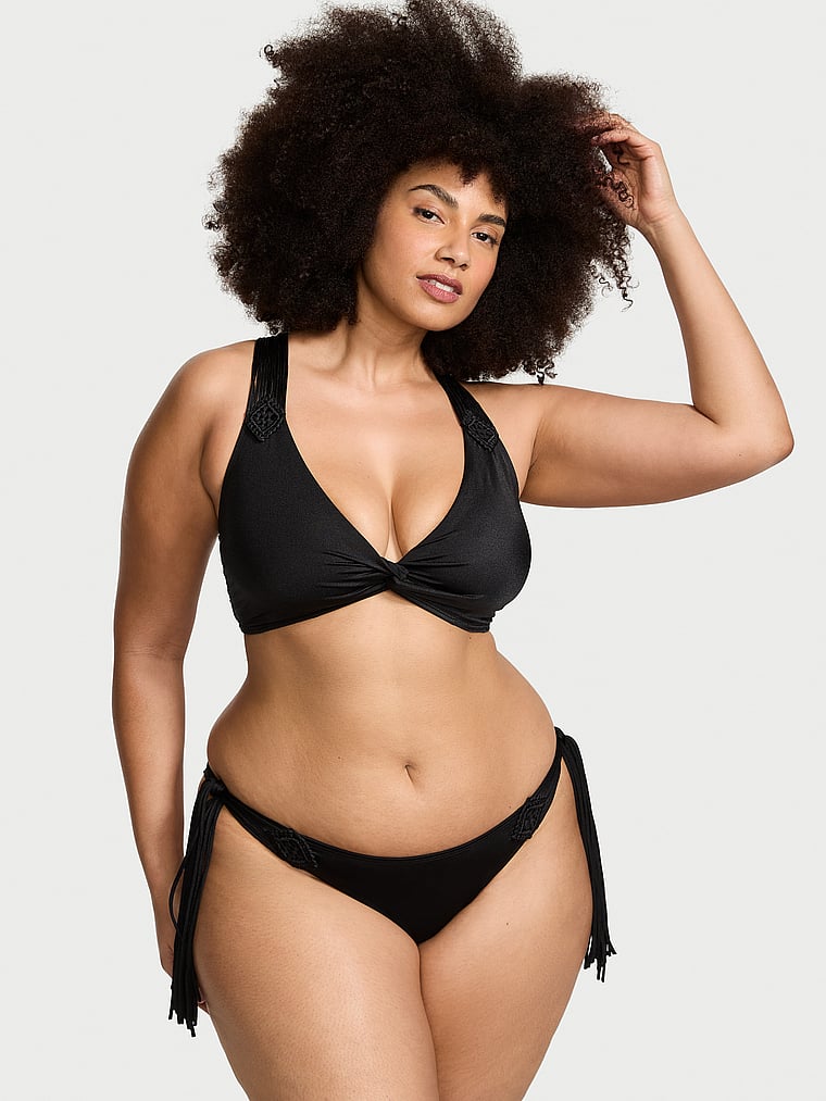 Victoria's Secret, Victoria's Secret Swim VS Archives Swim Macrame Fringe Bralette Bikini Top, Black, onModelFront, 1 of 4 Shadia is 5'11" or 180cm and wears 38DD (E) or Extra Extra Large