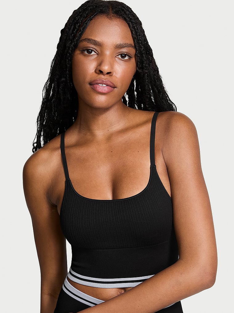 PINK Seamless Longline Sports Bra, Pure Black, onModelFront, 1 of 3