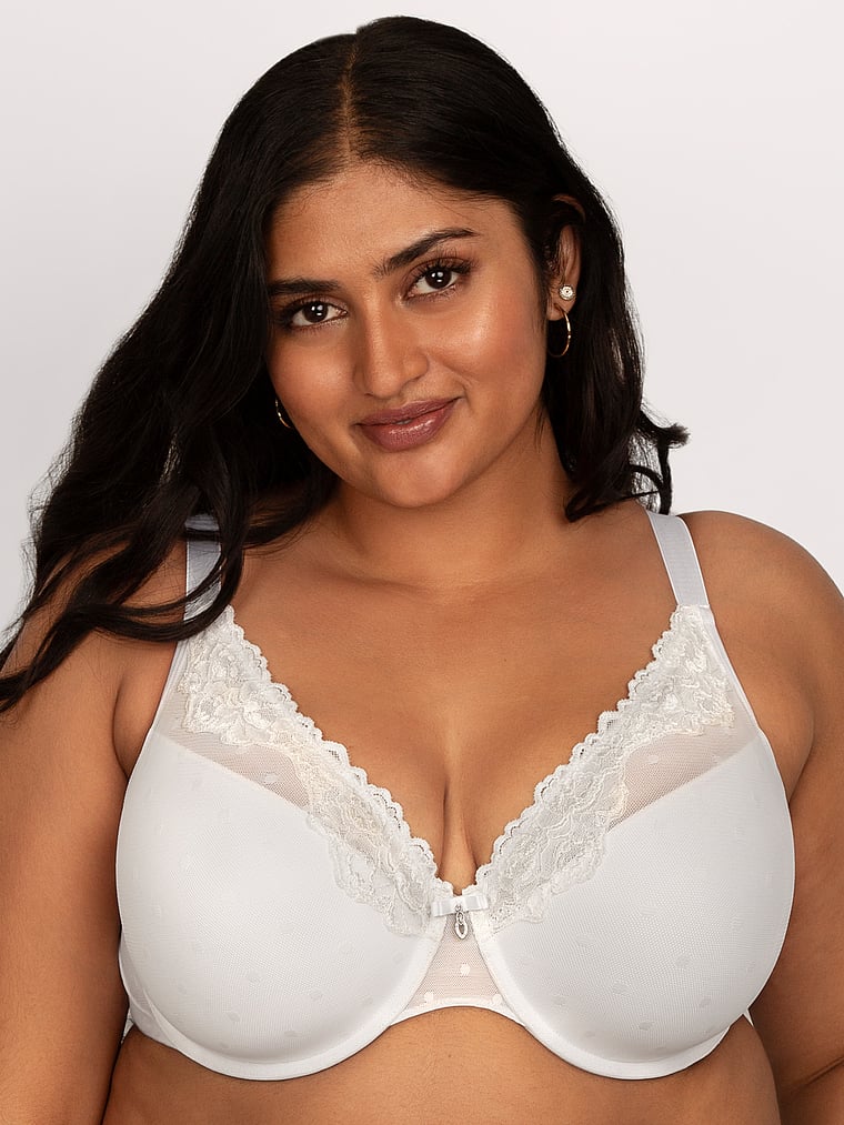 Victoria's Secret, Curvy Couture Sheer Whisper T-Shirt-BH mit tiefem Ausschnitt, Weiß, onModelFront, 1 of 3