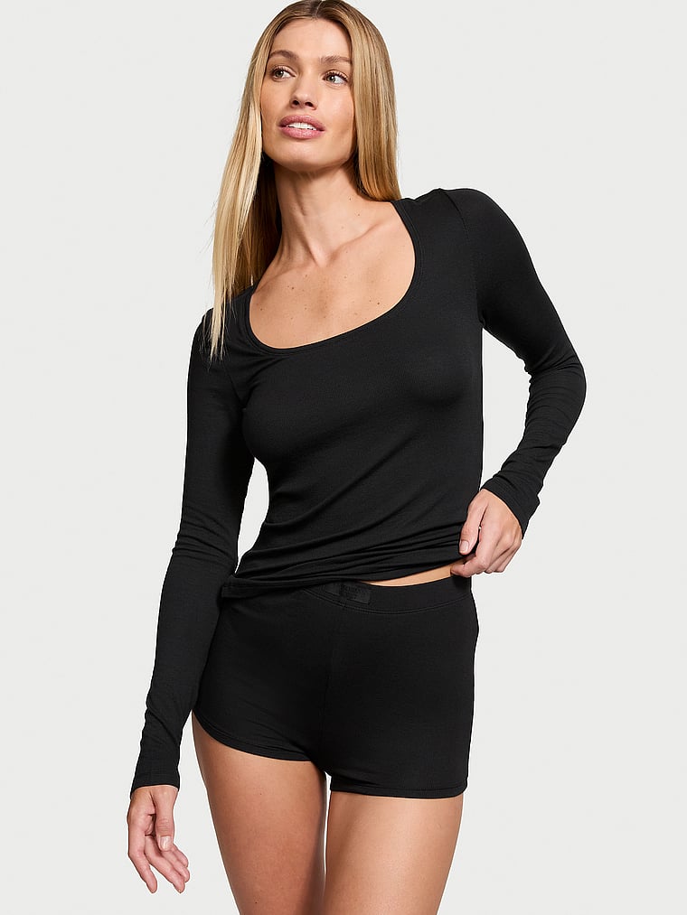 Victoria's Secret, Victoria's Secret Ribbed Modal Scoop Long-Sleeve Shortie Set, BLACK, onModelFront, 1 of 3 Maggie is 5'7" or 170cm and wears S/Regular