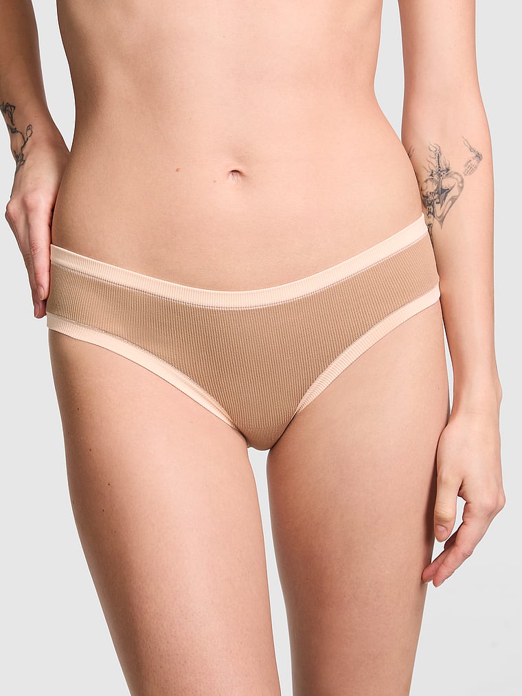 PINK Seamless Hiphugger Panty, Cocoa Latte w/ White Shell, onModelFront, 1 of 3 Sofia is 5'10" or 178cm and wears Small