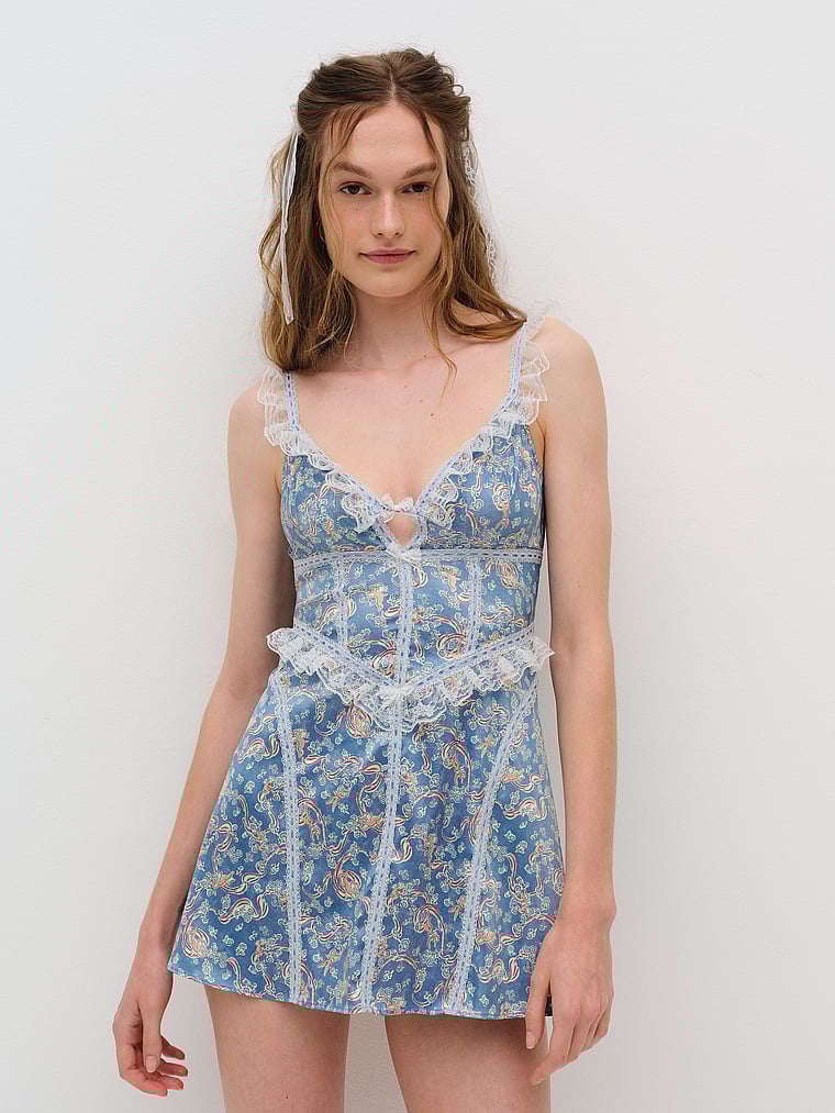 Victoria's Secret, For Love & Lemons Emiliana Slip Dress, Dark Blue, onModelFront, 1 of 4