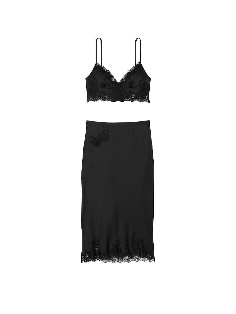 Victoria's Secret, Victoria's Secret Satin-Bralette mit Rosenspitzen und Midirock im Set, SCHWARZ, offModelFront, 2 of 3