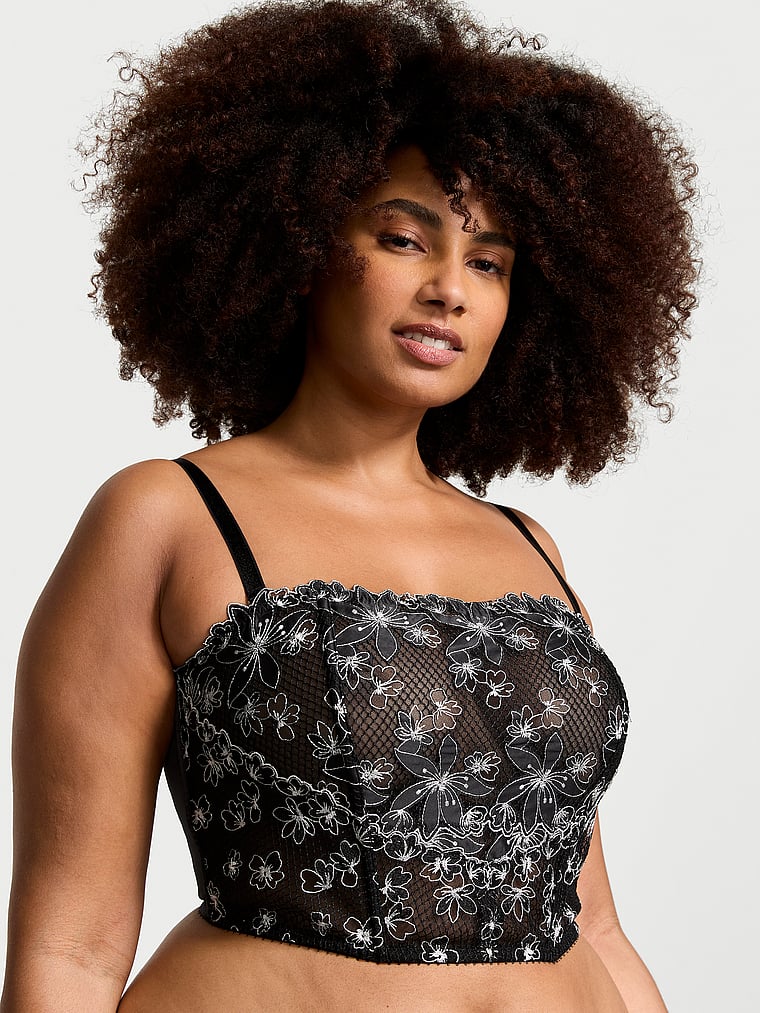 Victoria's Secret, Very Sexy Ziggy Glam Embroidery Unlined Strapless Corset Top, Black, onModelFront, 1 of 5 Shadia is 5'11" or 180cm and wears 38DD (E) or Extra Extra Large