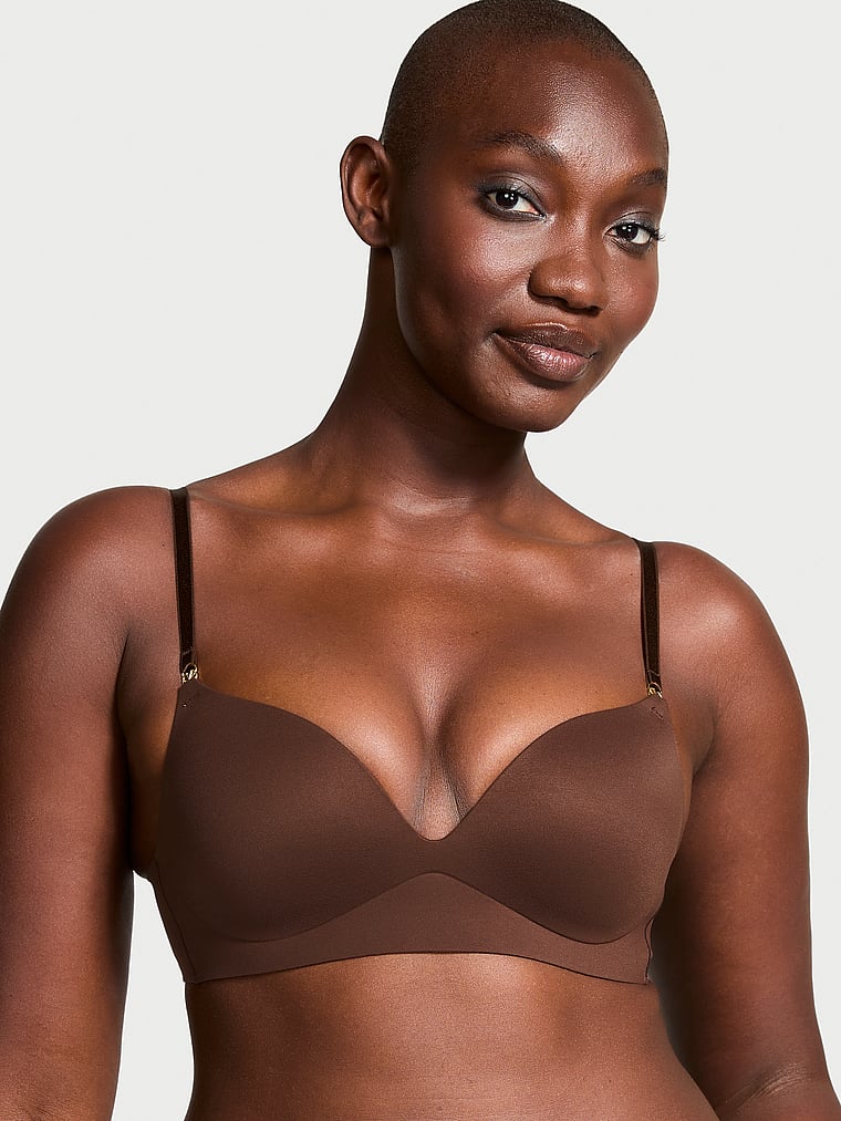 Victoria's Secret, Dream Angels Smooth Wireless Push-Up Plunge Bra, Ganache, onModelFront, 1 of 4 Arame is 5'11" or 180cm and wears 34B or Medium