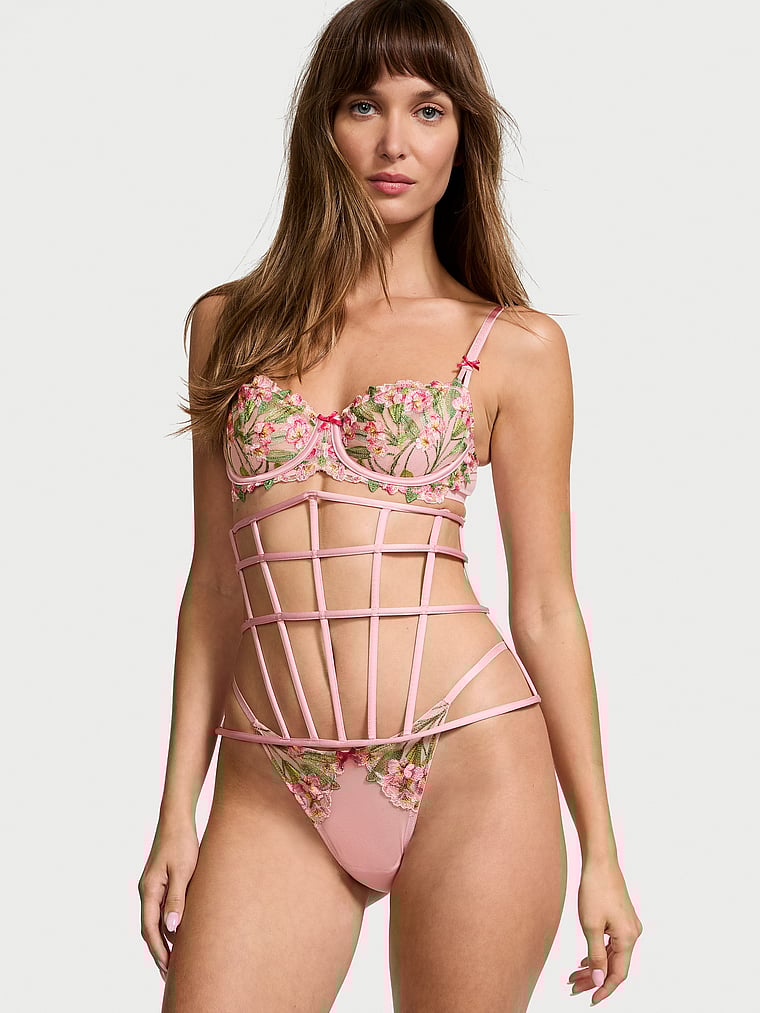 Victoria's Secret, Dream Angels Caged Underbust Corset, Chalk Rose, onModelFront, 1 of 4 Ari is 5'9" or 175cm and wears 34B or Small