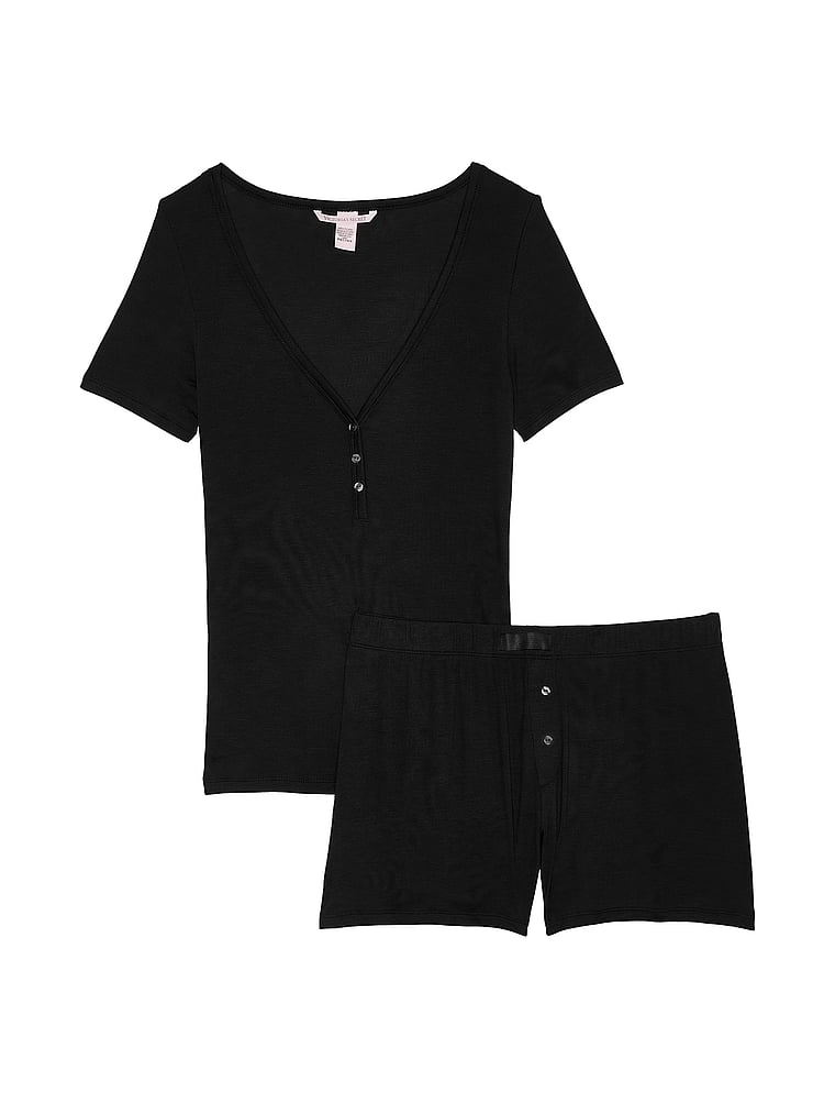 Victoria's Secret, Victoria's Secret Ribbed Modal Short-Sleeve Henley & Boxer Shorts Set, BLACK, offModelFront, 1 of 3