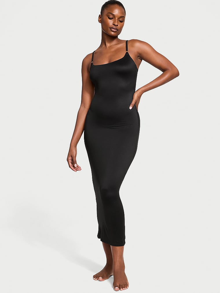 Victoria's Secret, Victoria's Secret Bodywear by Victoria with FeatherSoft™ Innovation Maxi Slip Dress, Black, onModelFront, 1 of 4 Tsheca is 5'9" or 175cm and wears 34B or Small