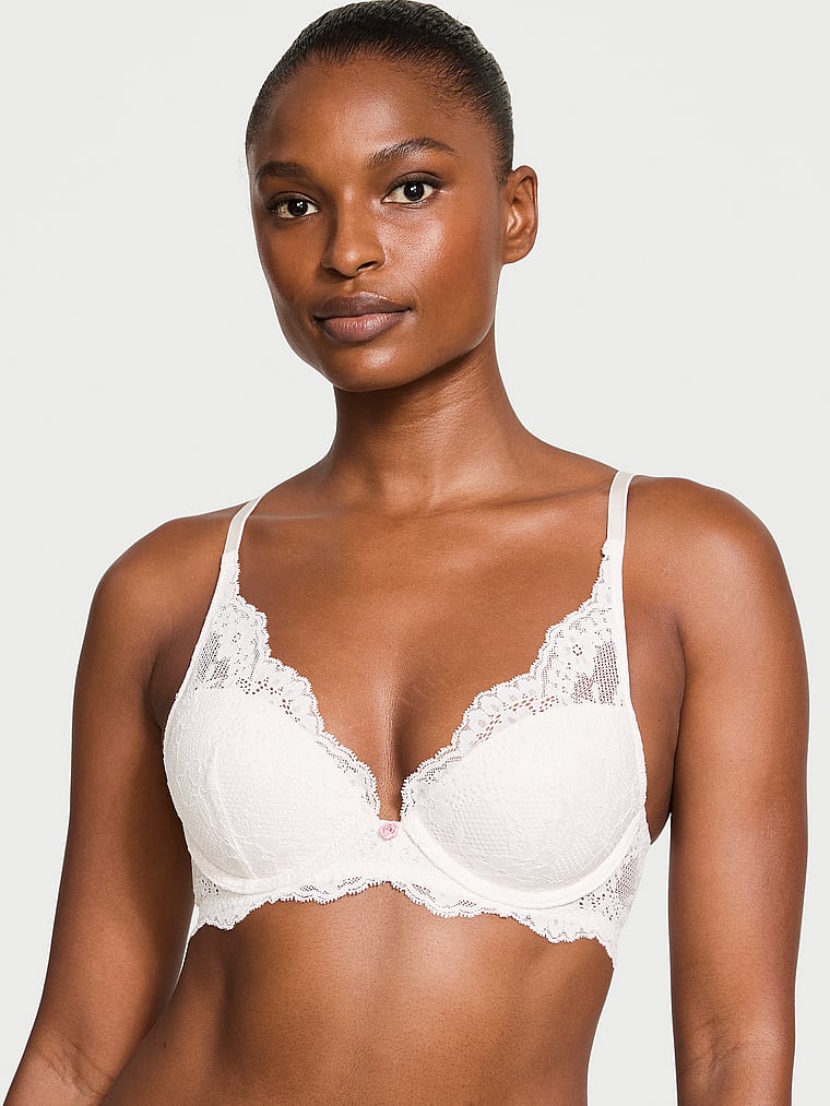 Victoria's Secret, Dream Angels Lace Lightly Lined Plunge Bra, Coconut White, onModelFront, 1 of 4 Tsheca is 5'9" or 175cm and wears 34B or Small