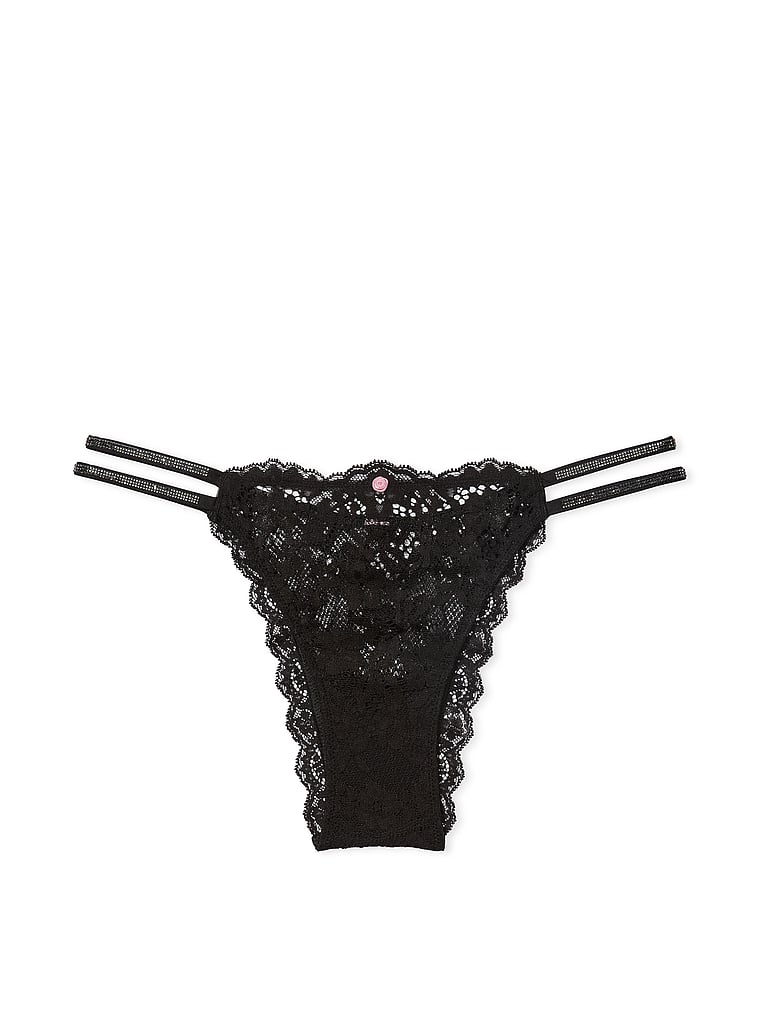 Victoria's Secret, Dream Angels Brasilianisches Spitzenhöschen mit funkelnden Riemchen, Schwarz, offModelFront, 4 of 5