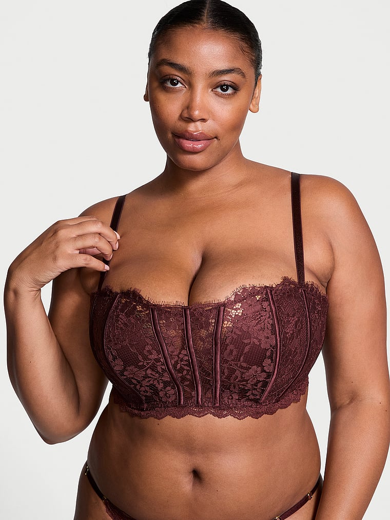 Victoria's Secret, Dream Angels Lace Lightly Lined Bandeau, Burgundy Brown, onModelFront, 1 of 4 Brianna is 5'10" or 178cm and wears 38DD (E) or Extra Large