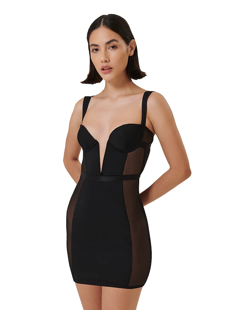 Victoria's Secret, BLUEBELLA Lara Wired Short Chemise, Black, onModelFront, 1 of 3