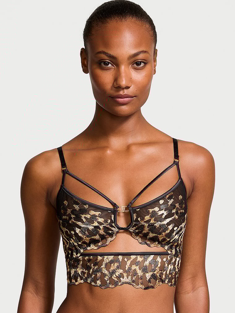 Victoria's Secret, Very Sexy Leopard Embroidery Strappy Bra Top, Black Leopard, onModelFront, 1 of 5 Ange-Marie is 5'10" or 178cm and wears 34B or Small