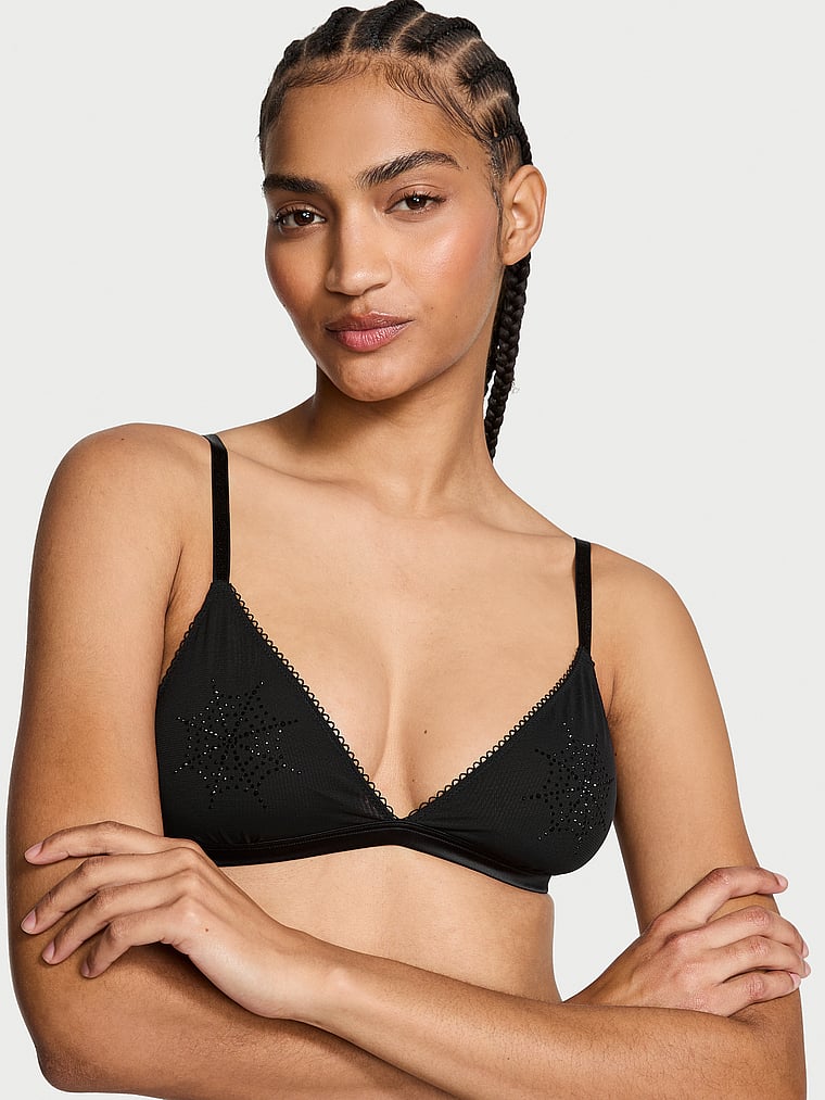 Victoria's Secret, Very Sexy Triangel-Bralette aus glänzendem Netzstoff mit Spinnennetzen, Schwarz, onModelFront, 1 of 4