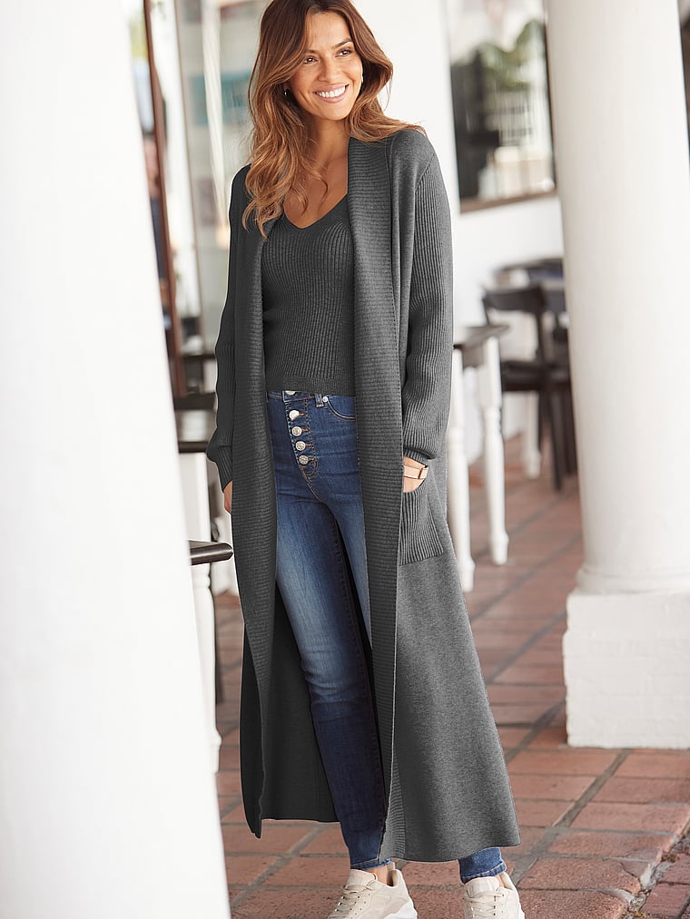 Victoria's Secret, Lascana Lang geschnittene Strickjacke, Anthrazit, onModelFront, 1 of 3