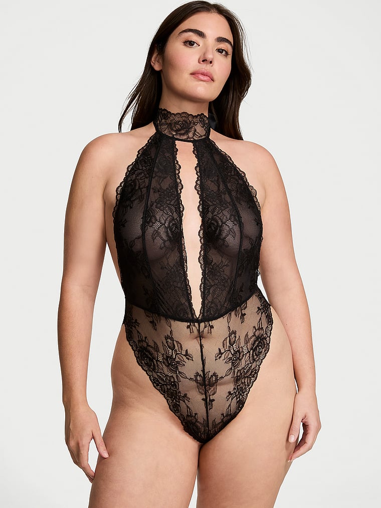Victoria's Secret, Very Sexy Rose Lace Halter Plunge Crotchless Teddy, BLACK, onModelFront, 1 of 3