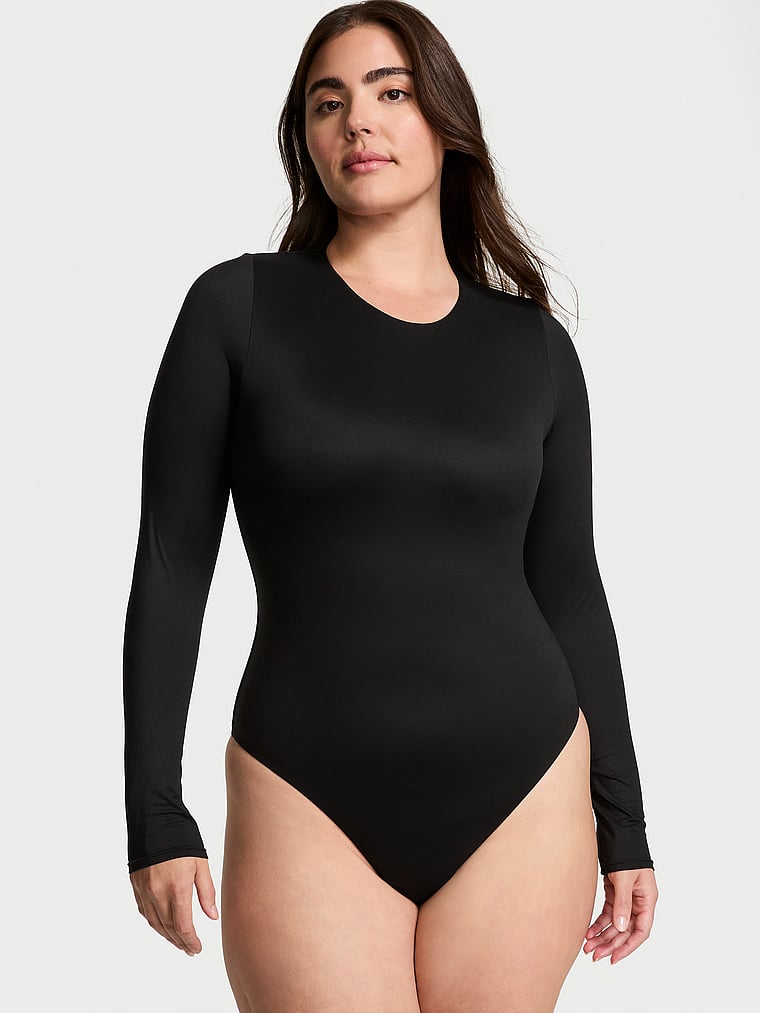 Victoria's Secret, Victoria's Secret Bodywear by Victoria with FeatherSoft™ Innovation Long-Sleeve Bodysuit, Black, onModelFront, 1 of 3