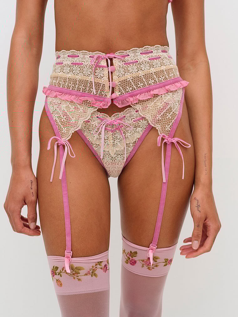 Victoria's Secret, For Love & Lemons Dauphine Garter Belt, Cream/Pink, onModelFront, 1 of 4