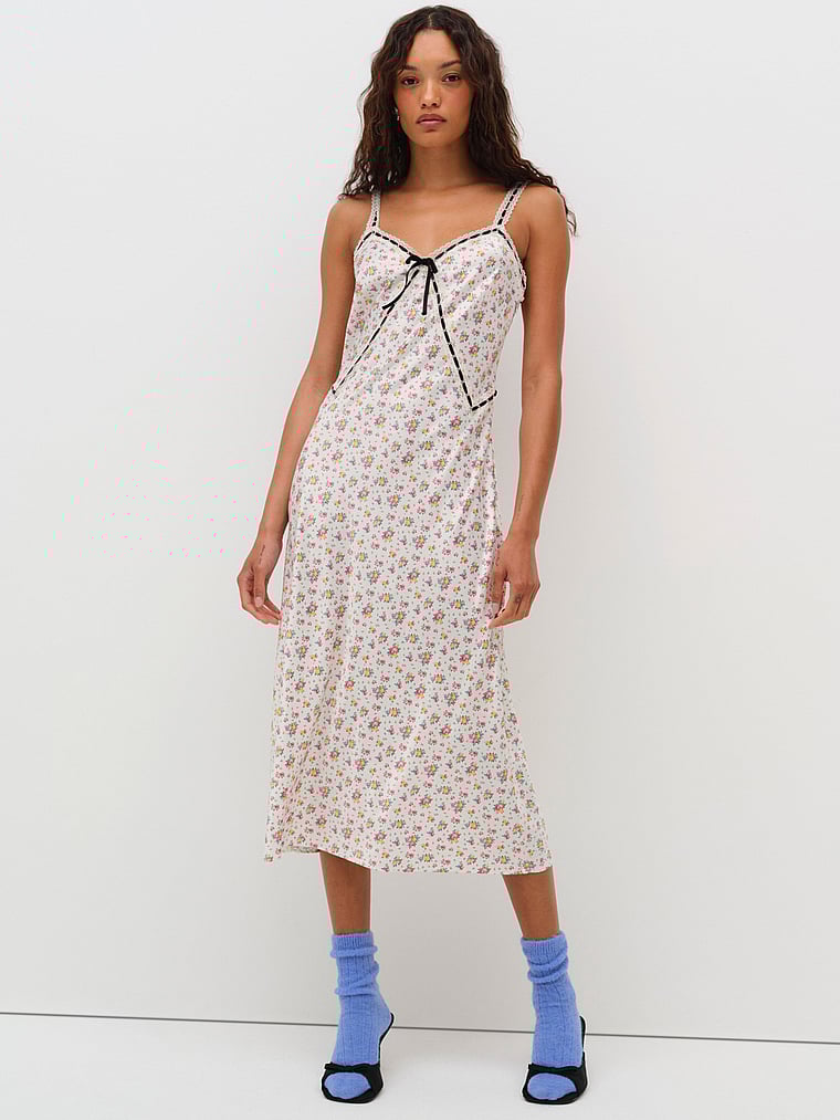 Victoria's Secret, For Love & Lemons Samantha Maxi Slip Dress, Cream Multi, onModelFront, 1 of 4