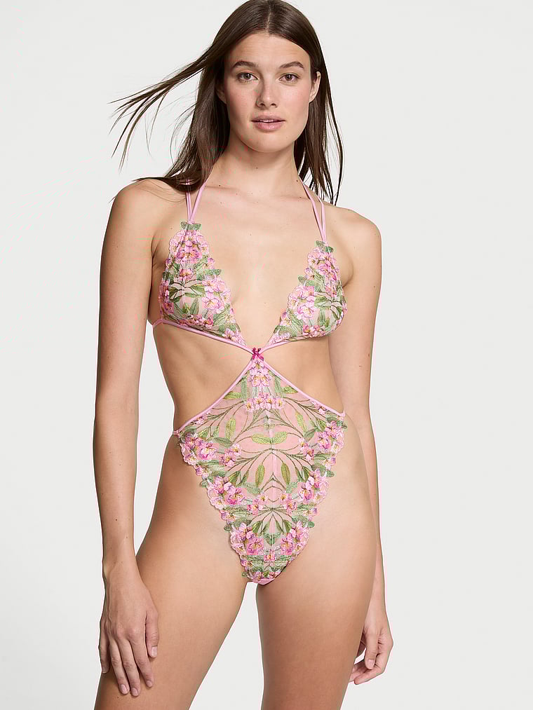 Victoria's Secret, Very Sexy Lily Embroidery Triangle Teddy, Pink Lilies, onModelFront, 1 of 4 Mackenzie is 5'10" or 178cm and wears 34B or Small