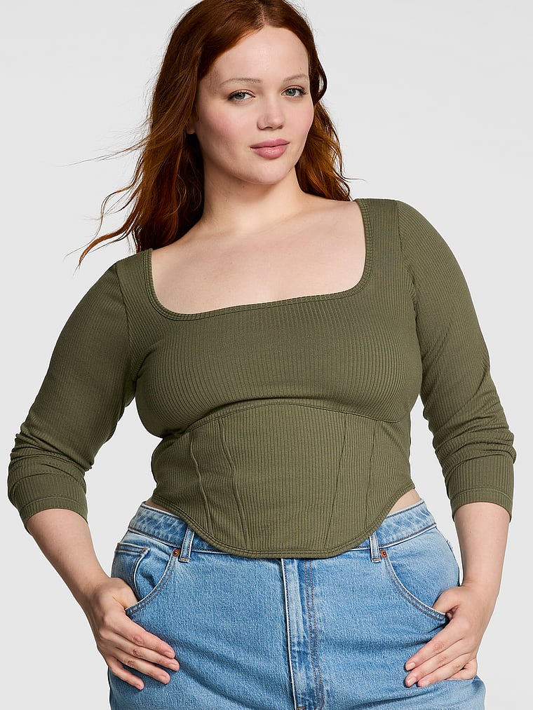 PINK The Cinched Long-Sleeve Corset Top, Casual New Olive, onModelFront, 1 of 3 Finley is 5'9" or 175cm and wears Large