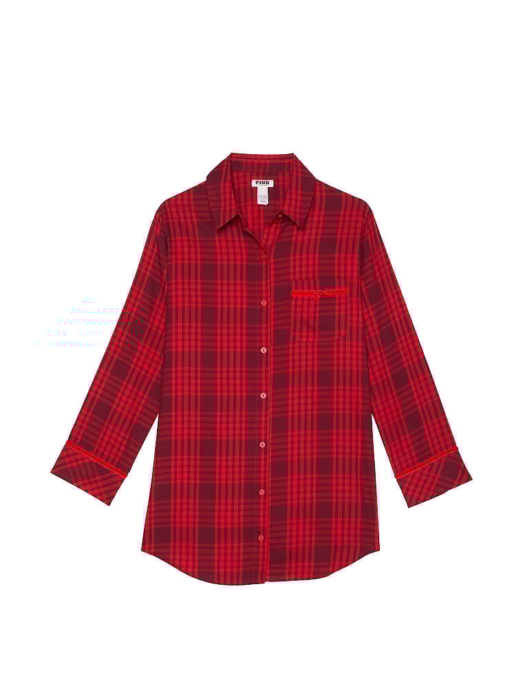 PINK Festliches Flanell-Schlafshirt mit Samtbesatz, Helles Zinnoberrot kariert, offModelFront, 3 of 3