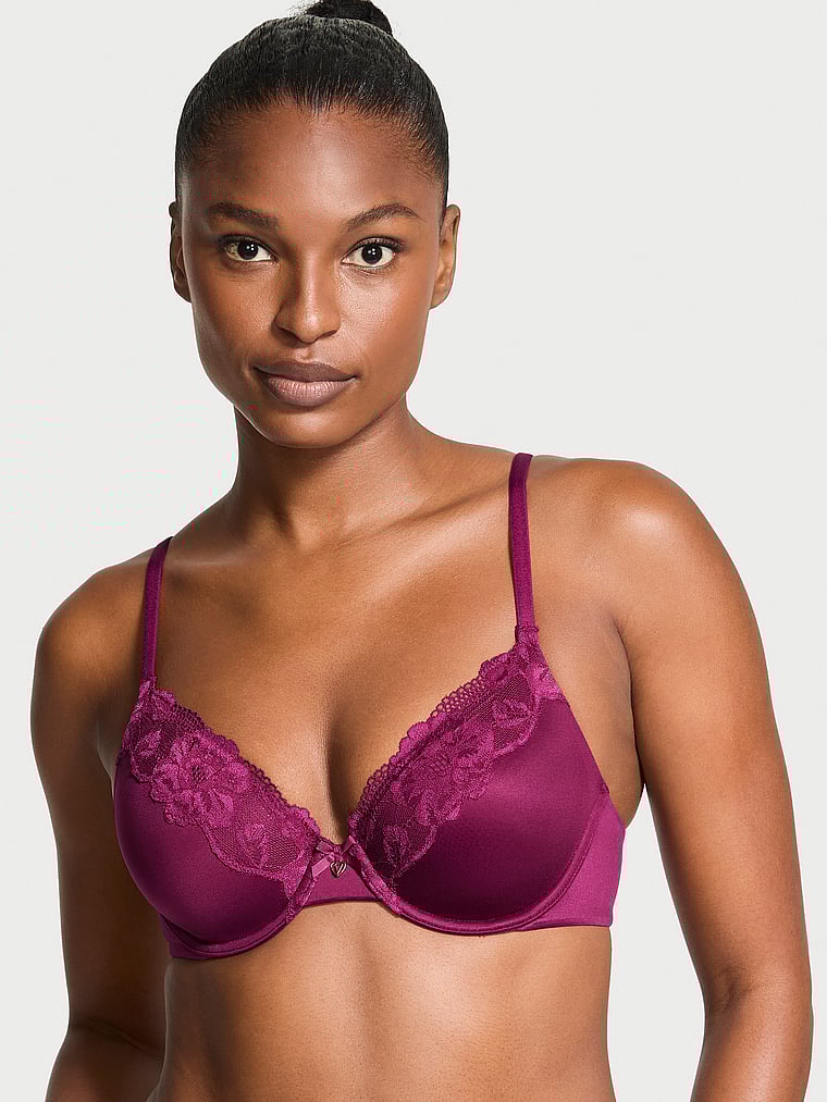 Victoria's Secret, Body by Victoria Lightly Lined Lace-Trim Full-Coverage Bra, Plum Rouge, onModelFront, 1 of 3 Tsheca is 5'9" or 175cm and wears 34B or Small