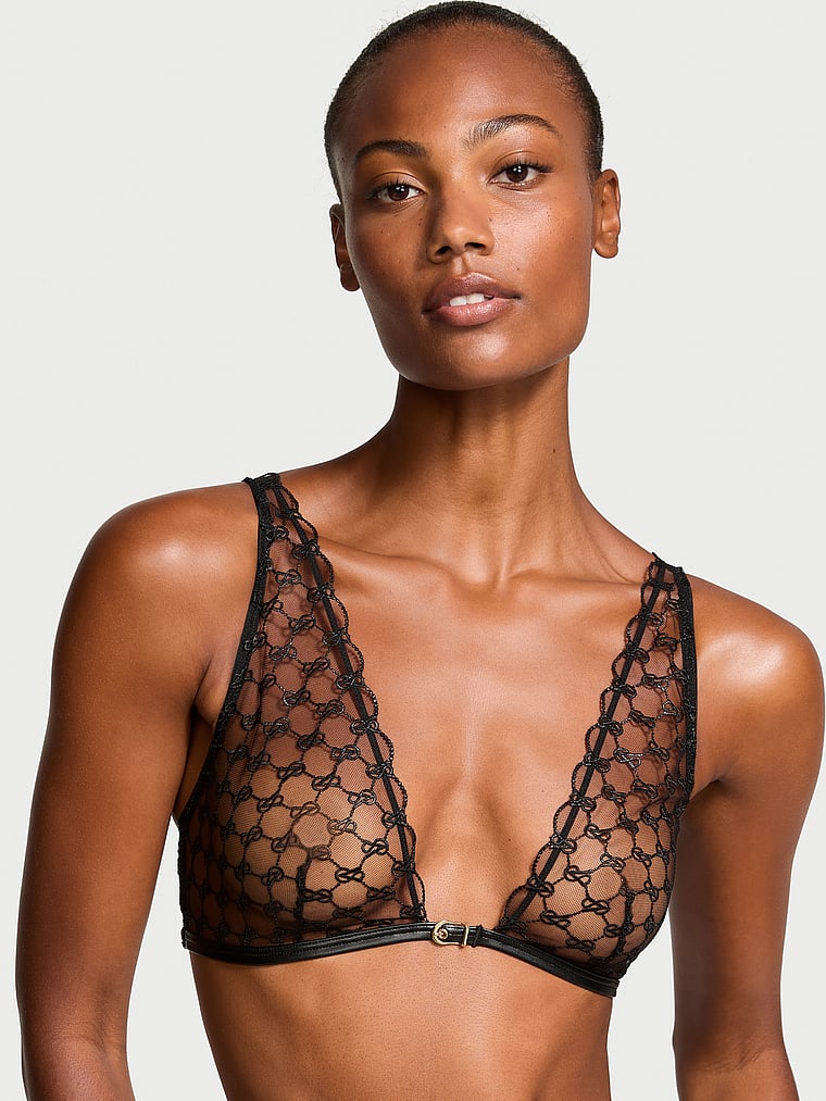 Victoria's Secret, Very Sexy VS Logo Embroidery Triangle Bralette, Black, onModelFront, 1 of 5 Ange-Marie is 5'10" or 178cm and wears 34B or Small