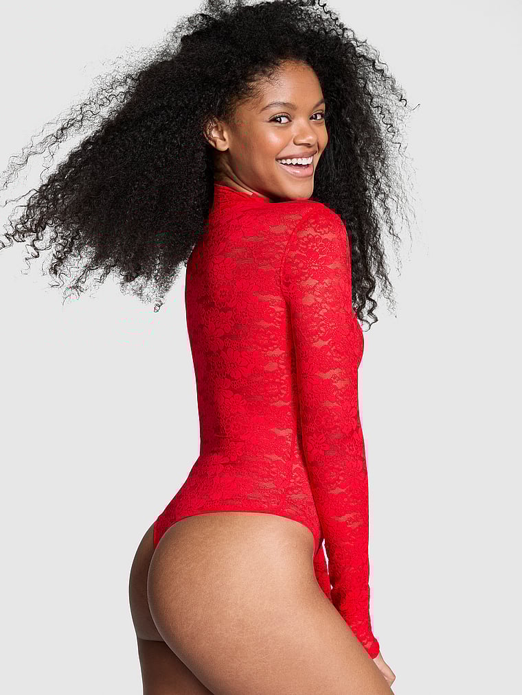 PINK Wink Langärmliger Body aus Spitze, Roter Pfeffer, onModelBack, 2 of 3