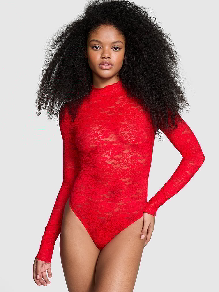 PINK Wink Langärmliger Body aus Spitze, Roter Pfeffer, onModelFront, 1 of 3