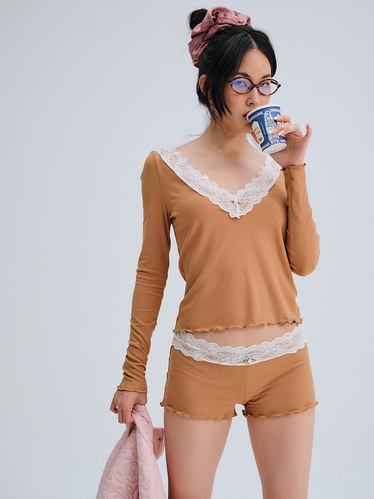 Victoria's Secret, For Love & Lemons Eisley Ribbed Knit Top, Brown, onModelFront, 1 of 5