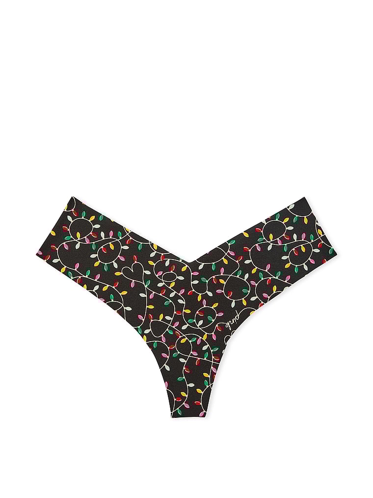 PINK Unsichtbarer String mit Spitzenbesatz und hohem Beinausschnitt, Reines Schwarz mit Lichterprint, offModelFront, 3 of 3