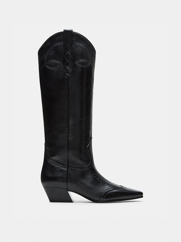 Steve Madden Dollie Schwarze Lederstiefel, onModelFront, 1 of 3