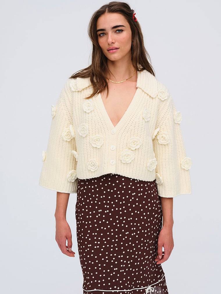 Victoria's Secret, For Love & Lemons Ivy Cardigan, Cream, onModelFront, 1 of 4
