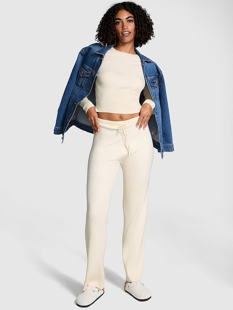 PINK Ribbed Knit Lounge Pants, White Shell, onModelSide, 1 of 5 Vanessa is 5'10" or 178cm and wears Small