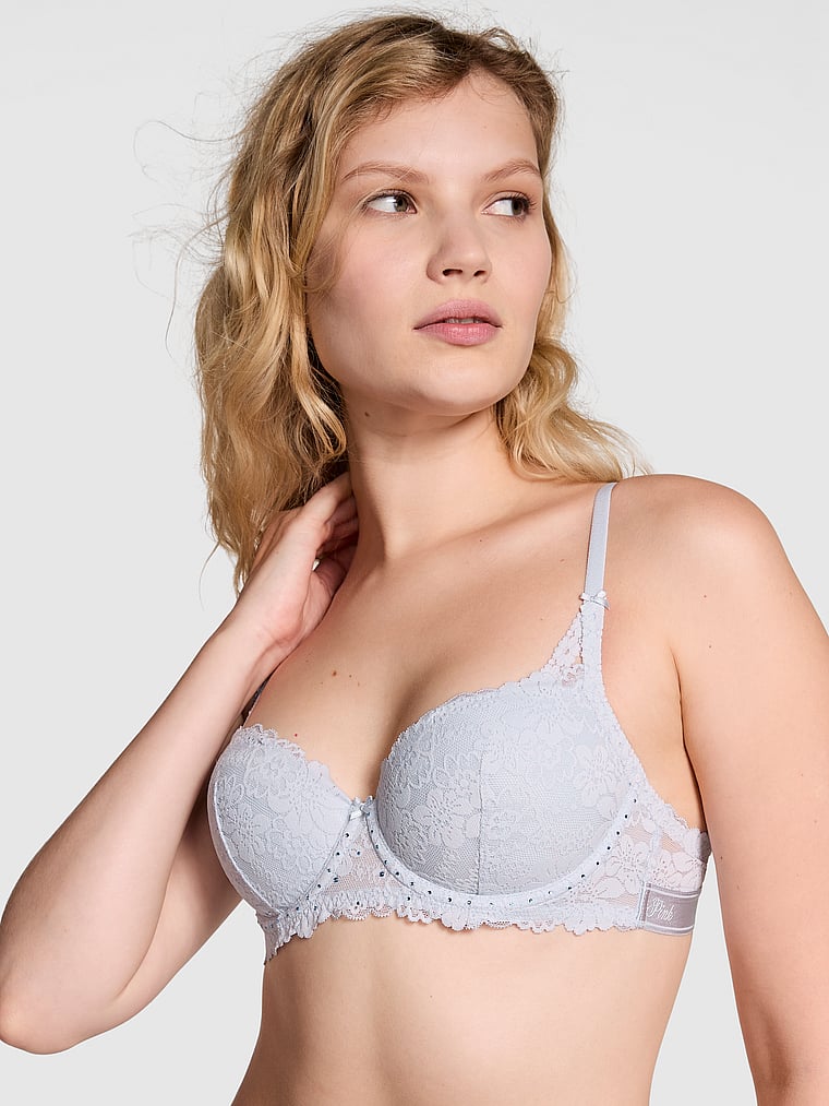 PINK Wink Leicht gefütterter Balconnette-BH, Hortensienblau, onModelFront, 3 of 4 Anabel ist 5'8" oder 173cm und trägt 32B oder S