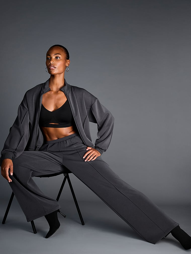 Victoria's Secret, VSX Featherweight Knit Tailored Wide-Leg Pant, Grey, onModelSide, 1 of 4 Ange-Marie is 5'10" or 178cm and wears Small