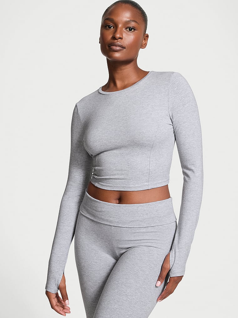 Victoria's Secret, VSX Cotton Cutout Back Long-Sleeve Top, Med Htr Grey, onModelFront, 1 of 4 Tsheca is 5'9" or 175cm and wears Small