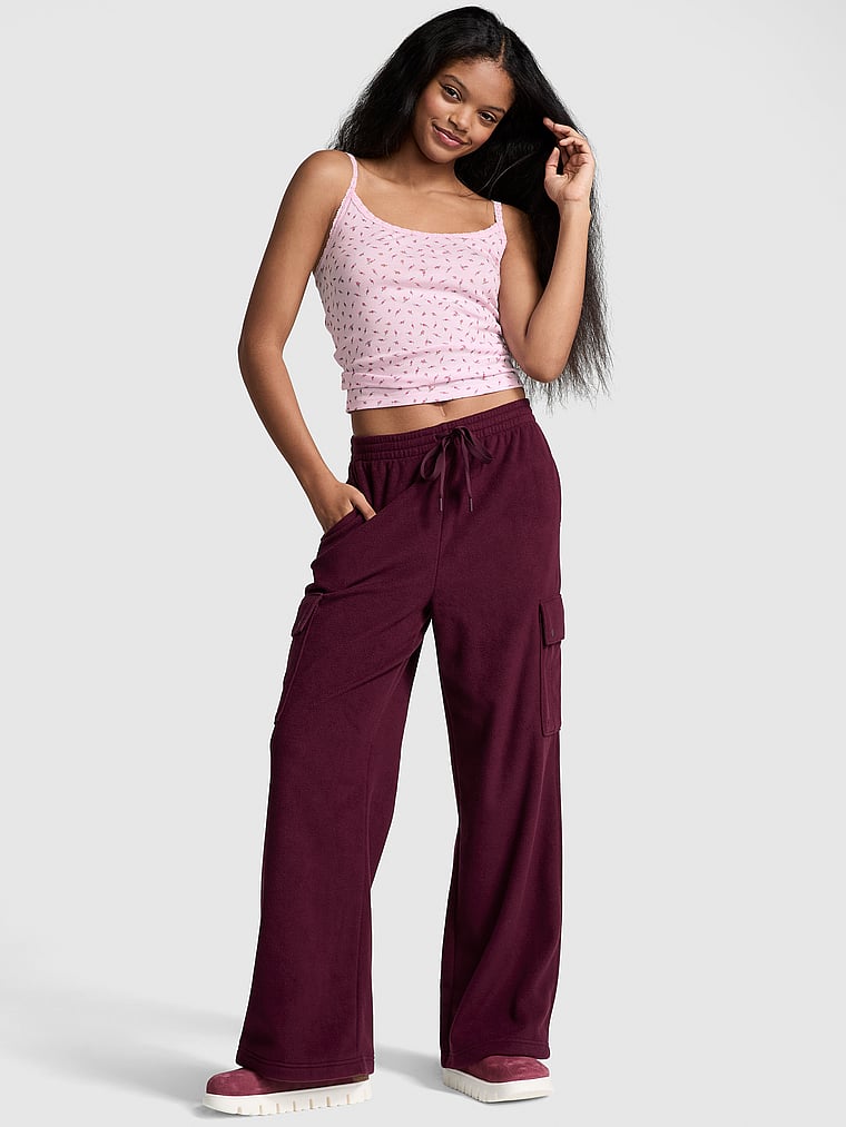 PINK PINK Micro Fleece Wide-Leg Cargo Pants, Wild Rose, onModelFront, 1 of 4 Jordan is 5'9" or 175cm and wears Small