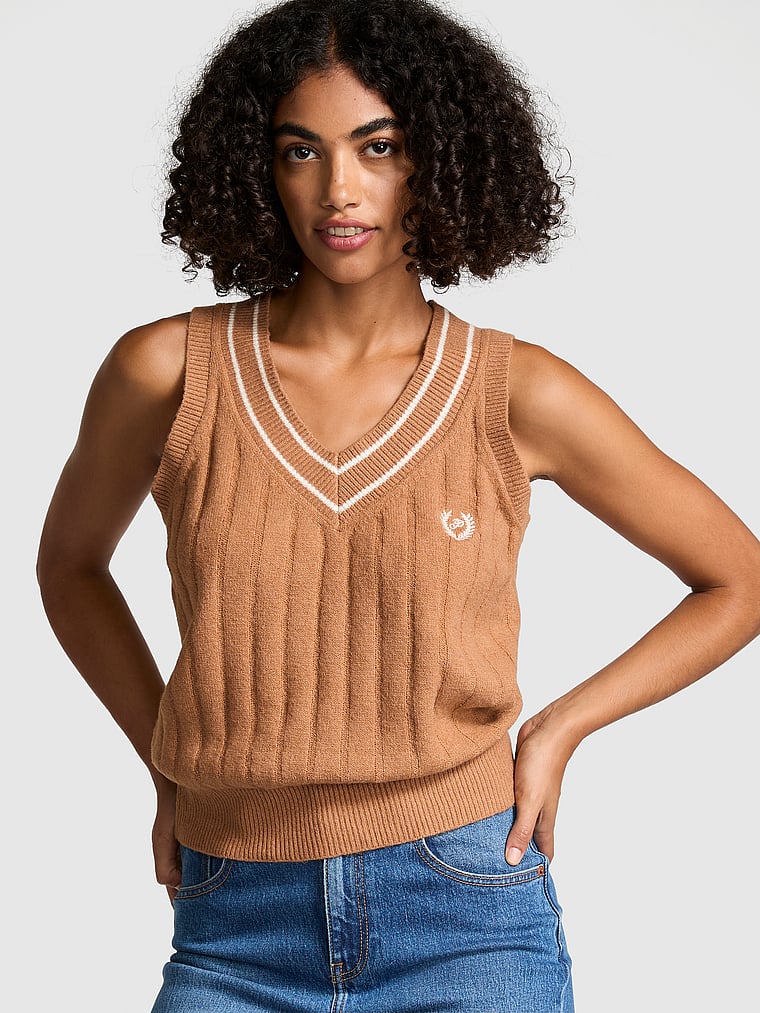 PINK Collegiate Knit Sweater Vest, Toffee, onModelFront, 1 of 3 Vanessa is 5'10" or 178cm and wears Small