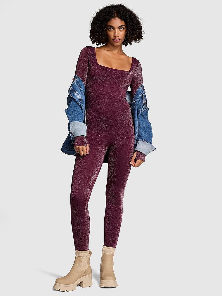 PINK Long-Sleeve Square Neck Onesie, Wild Rose Bling, onModelFront, 1 of 3 Vanessa is 5'10" or 178cm and wears Small