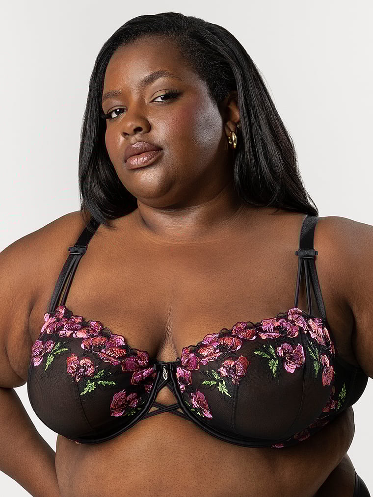 Victoria's Secret, Curvy Couture Lush Embroidery Unlined Full Coverage Balconette Bra, Black, onModelFront, 1 of 3