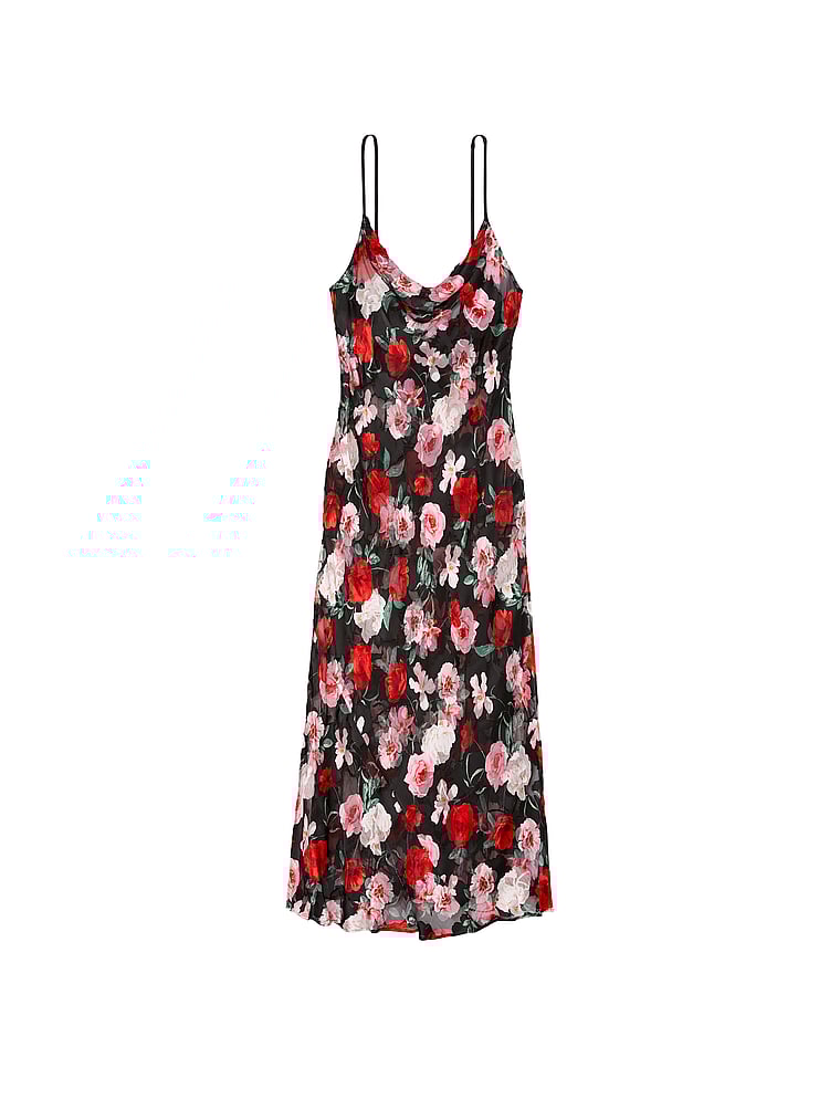 Victoria's Secret, Victoria's Secret Atelier Victoria's Secret Noir Nachthemd aus Satin mit tiefem Ausschnitt und Ausbrennermuster, SCHWARZ MIT BLUMENMUSTER, offModelFront, 3 of 5