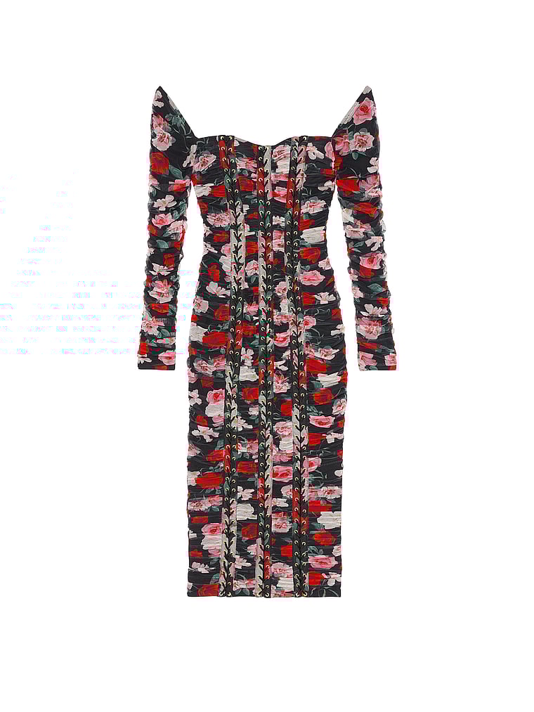 Victoria's Secret, Victoria's Secret Atelier Victoria's Secret Noir Midikleid mit Blumenmuster, gerafftem Netzstoff und Schnürdetail, SCHWARZ MIT BLUMENMUSTER, offModelFront, 3 of 4